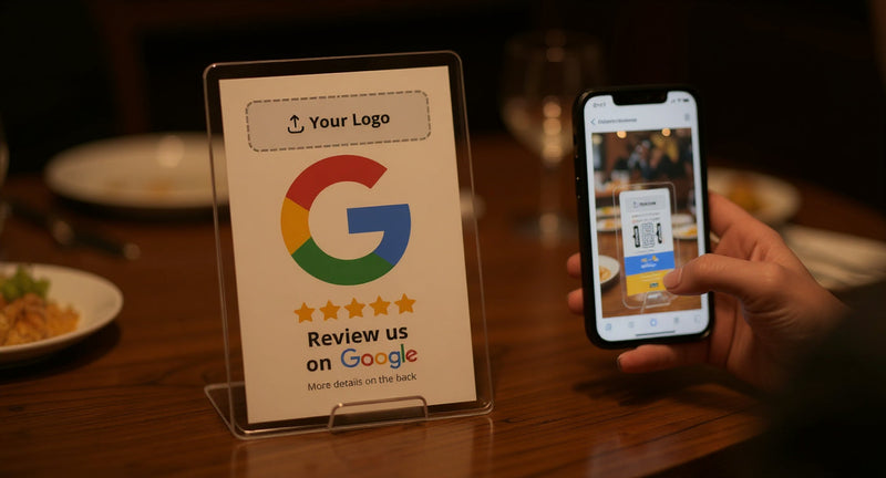Feeedback Google Bewertungskarte auf Restauranttisch wird mit Smartphone gescannt