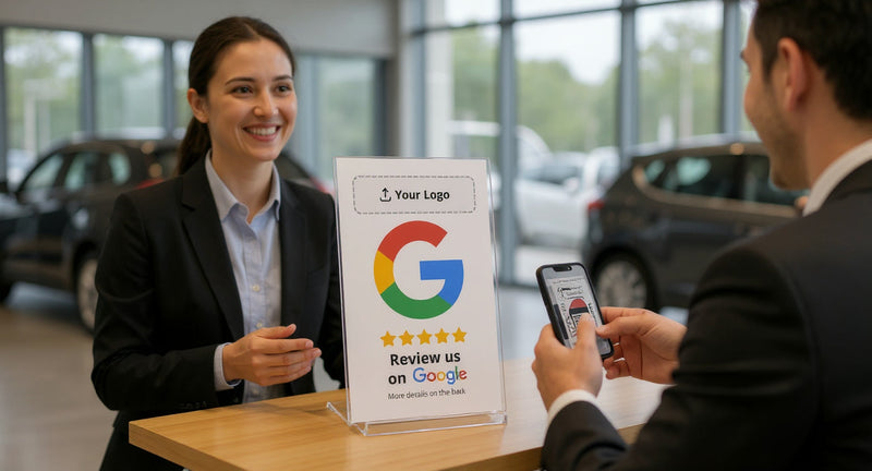 Autohaus Google Bewertungen - Feeedback Bewertungskarte auf dem Verkaufstresen bei Fahrzeugübergabe