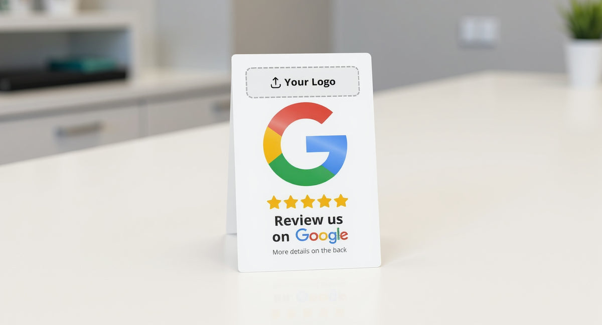 Feeedback Google Review QR code card flat on dental practice reception desk