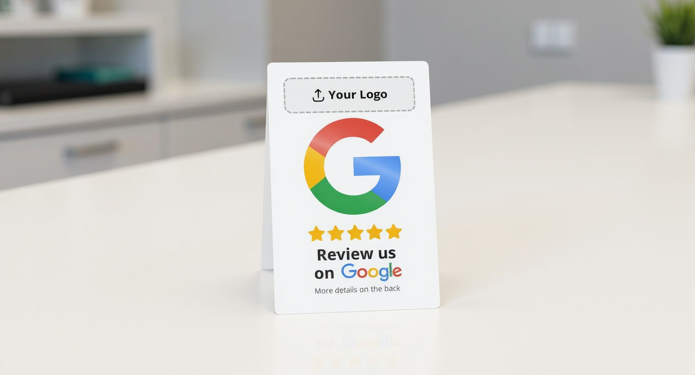 Feeedback Google Review QR code card flat on dental practice reception desk