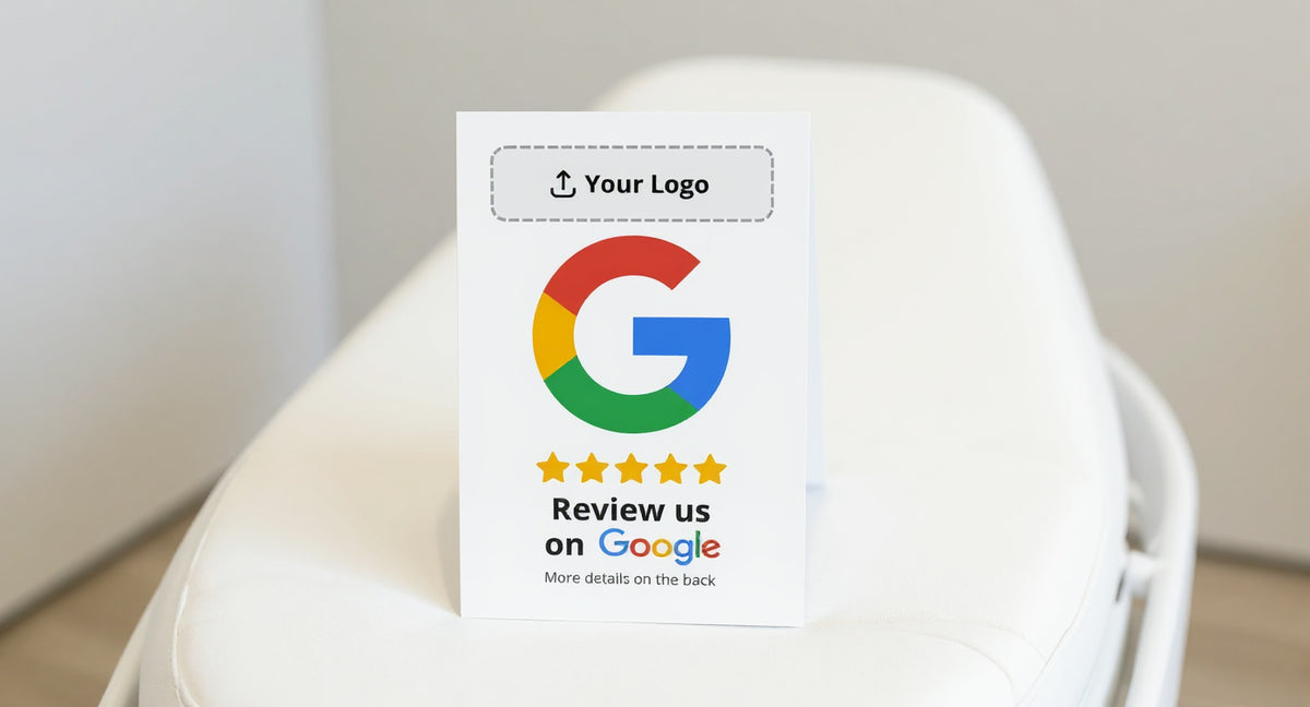 Feeedback Google Review QR code card on a physiotherapy treatment bed