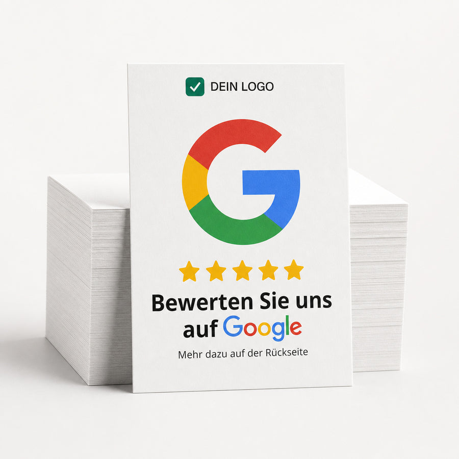 Personalisierte Google-Bewertungskarten in DIN A6 mit eigenem Logo