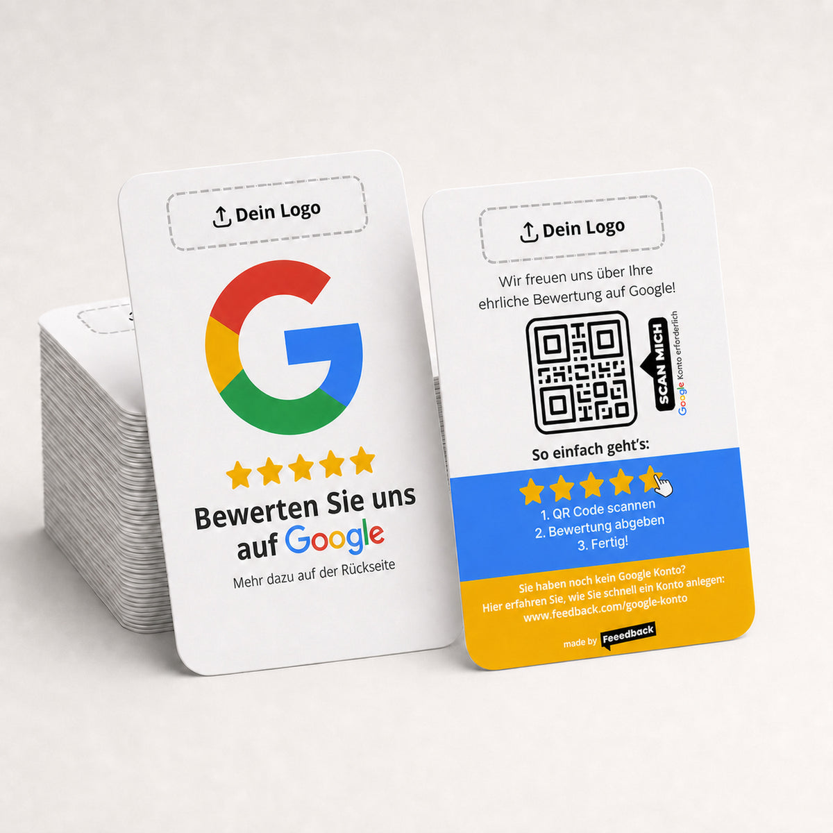 Personalisierte Google-Bewertungskarten im Visitenkartenformat mit neutraler Bewertungsbitte